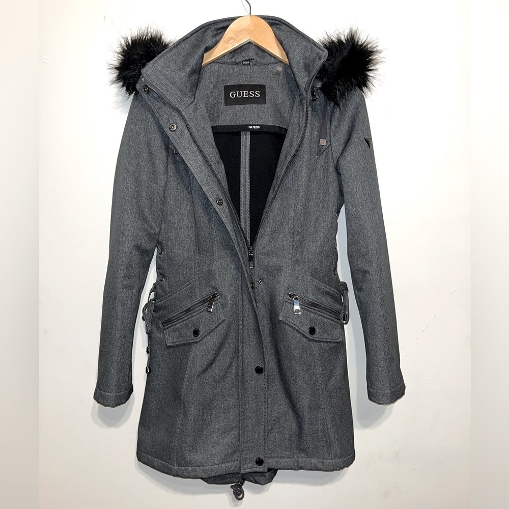 Guess Anorak Corset Waist Fur Trim Removable Hood Jacket Gray Size Small NWOT